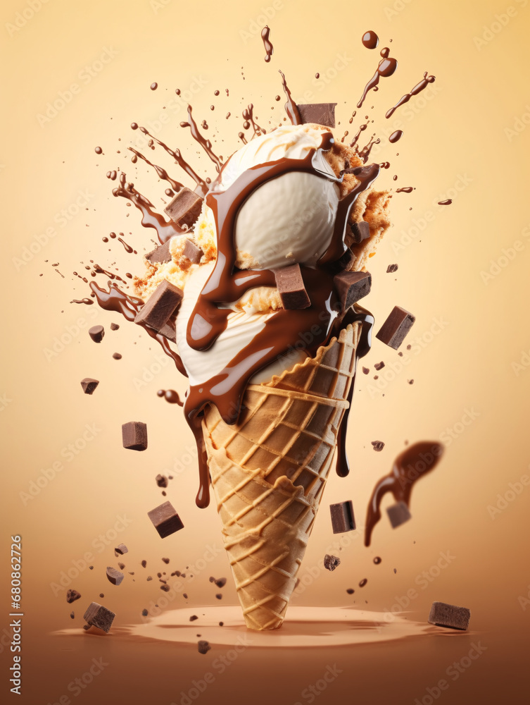 Chocolate sauce drizzled on vanilla ice cream cone. Splash effect and floating chocolate bits. Created with Generative AI technology