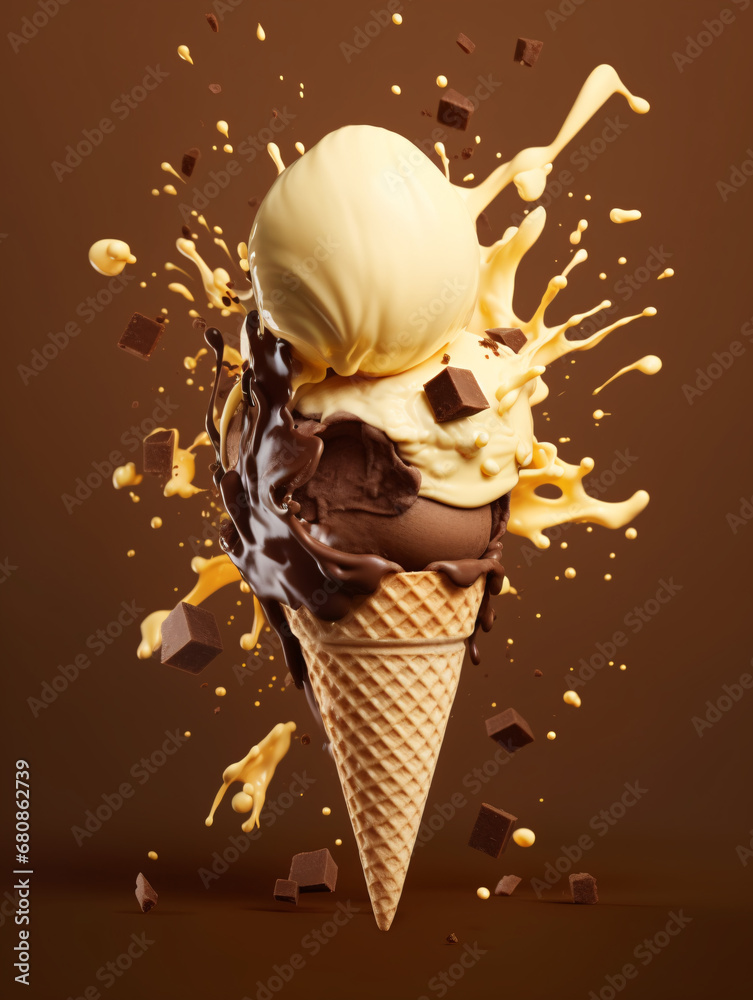 Vanilla and chocolate ice cream cone with splash effect on brown background. Created with Generative AI technology