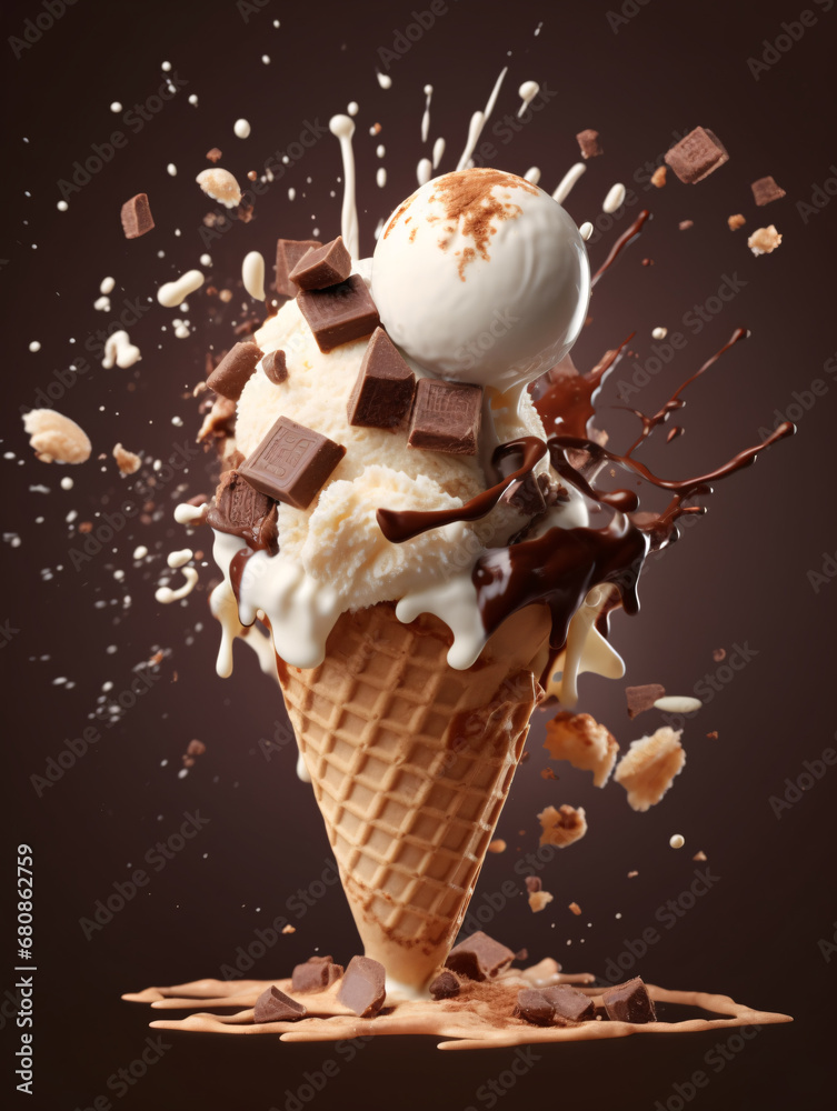 Vanilla ice cream cone with splash effect. Drizzled puddle on dark brown background. Created with Generative AI technology