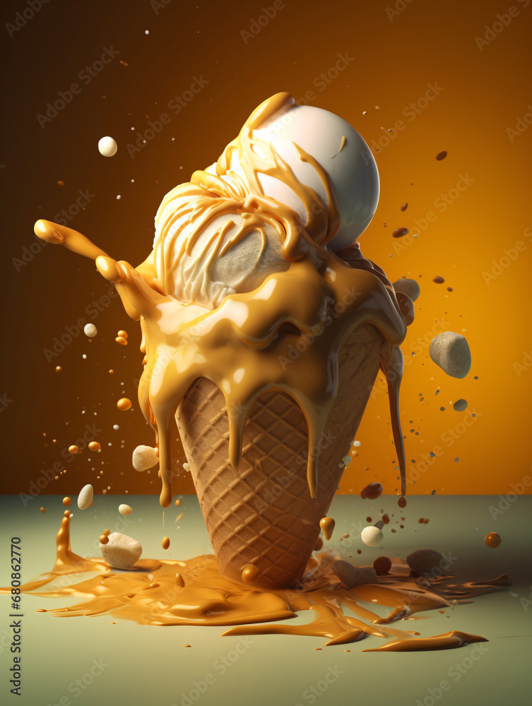 Caramel sauce drizzled on vanilla ice cream cone. Created with Generative AI technology