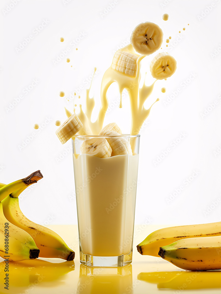 Banana slices dropping into a glass of milkshake. Created with Generative AI technology