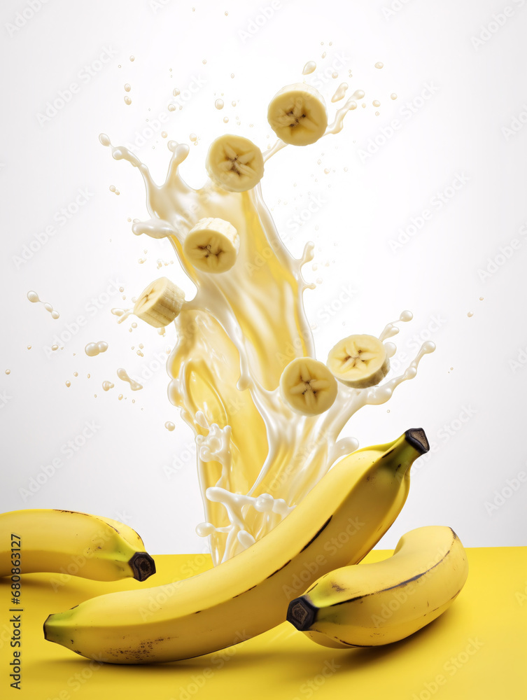 Banana on yellow table with banana pieces and splashing milk in the background. Created with Generative AI technology