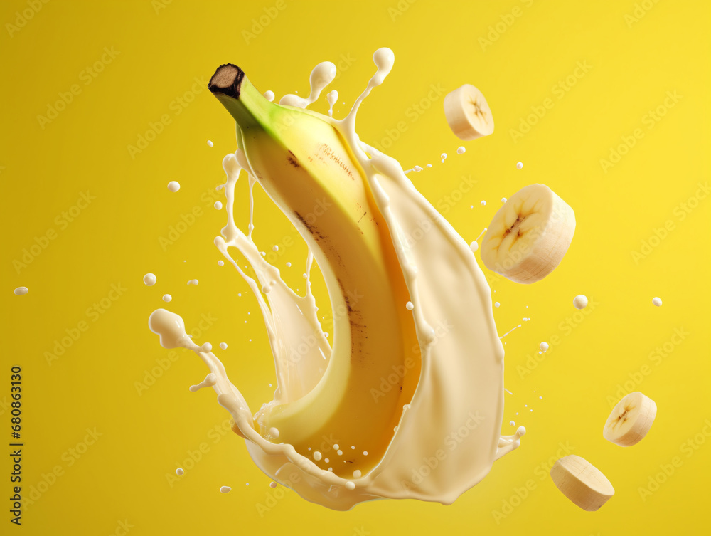 Banana and splashing liquid effect on light yellow background with banana pieces. Created with Generative AI technology