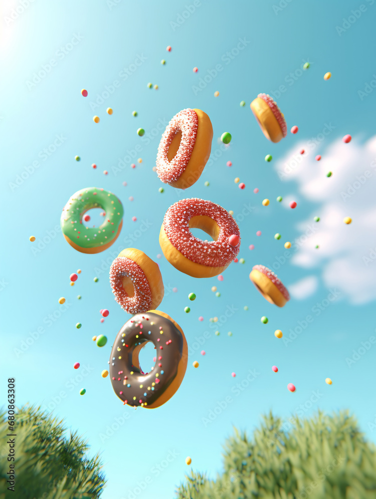 Delicious doughnuts and colorful sprinkles floating in the sky. Created with Generative AI technology