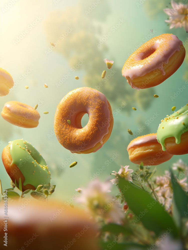 Delicious doughnuts floating in a garden above beautiful flowers. Created with Generative AI technology