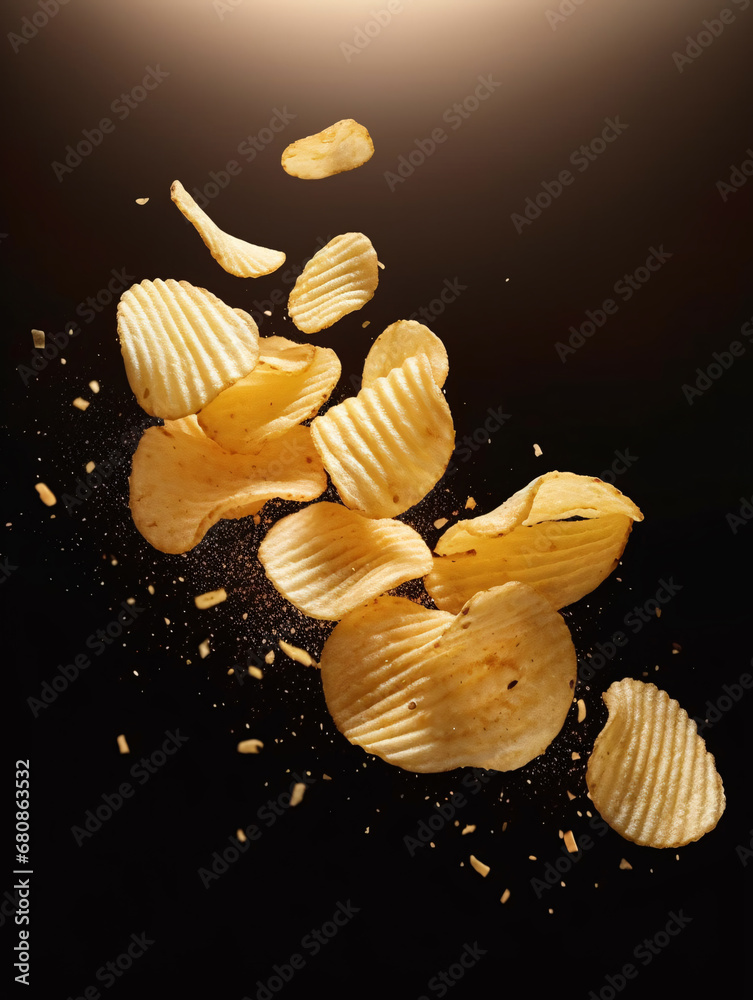 Ridged potato chips and seasoning powder floating in mid air on dark background. Created with Generative AI technology