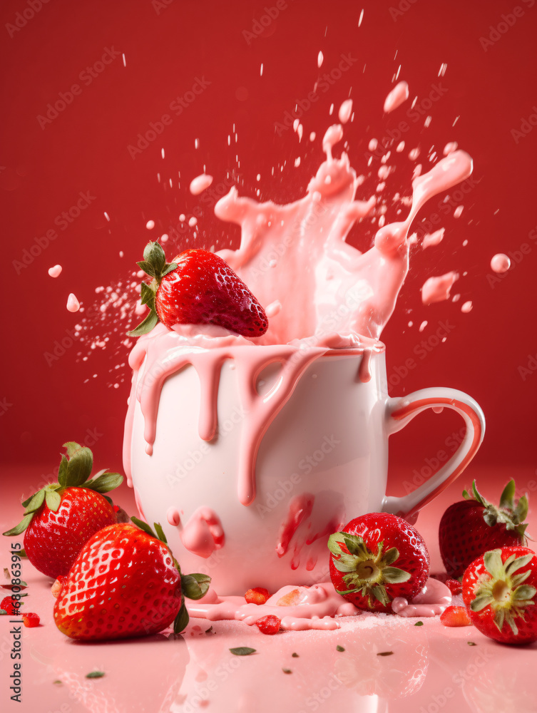 Cup of milkshake with splash effect on red background with strawberries. Created with Generative AI technology