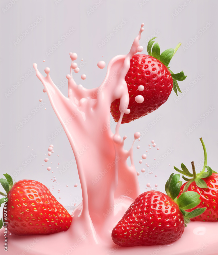 Strawberries dropped on pink milkshake. Splash effect on white background. Created with Generative AI technology