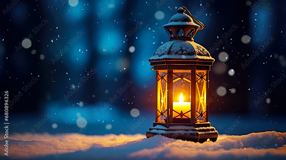 Winter snowy evening and lantern with burning candle inside. Postproducted generative AI illustration.