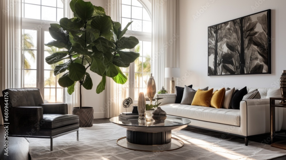 A dramatic living room with a towering fiddle leaf fig tree as the centerpiece