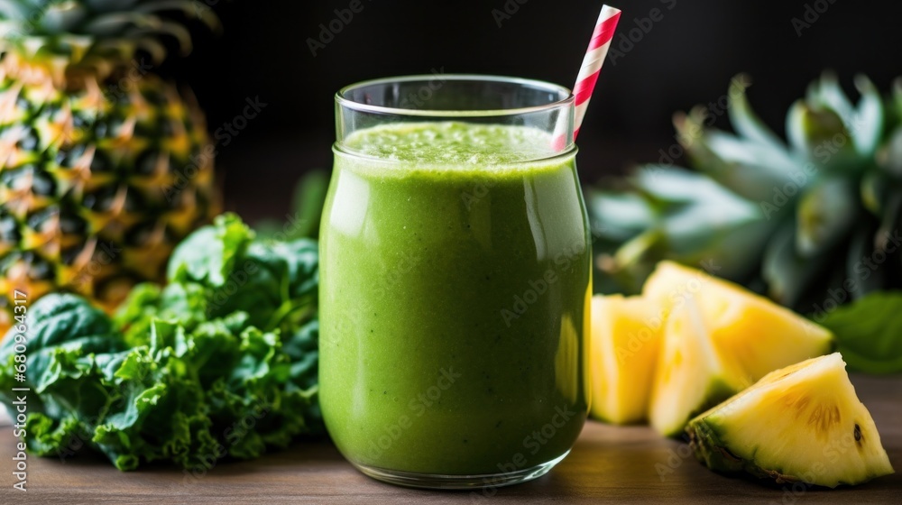 A close-up of a green smoothie in a clear glass with a straw