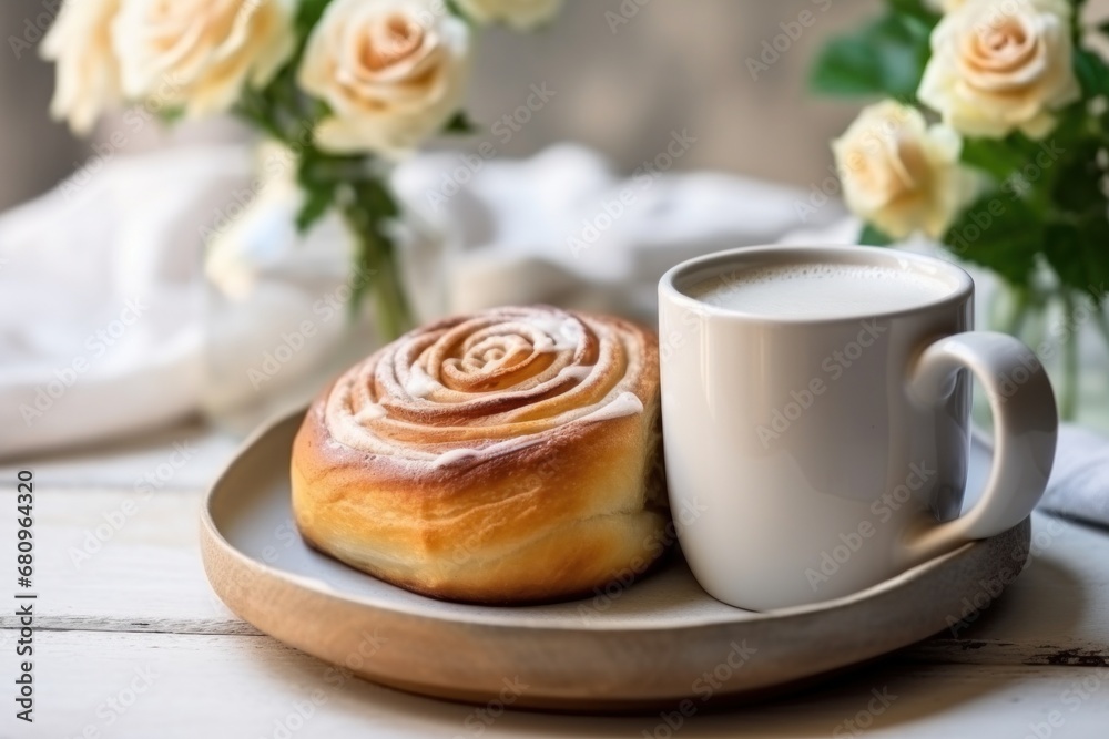  cozy setting of a coffee mug with a cinnamon bun and a flower vase, placed on a wooden tray