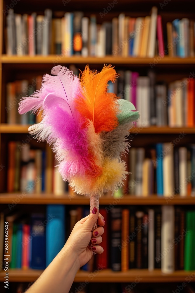 a hand holding a feather duster as it glides over a bookshelf filled with colorful books