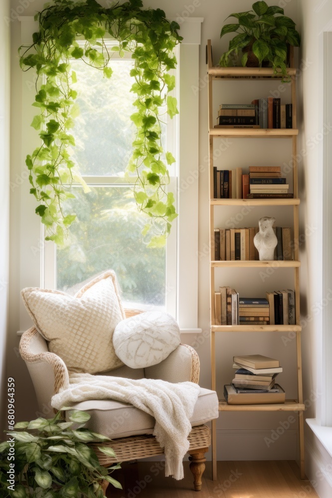 A cozy reading nook with a trailing pothos plant cascading down from a high shelf