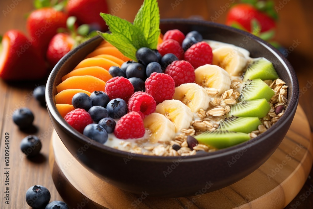 a healthy breakfast bowl filled with colorful fruits and grains