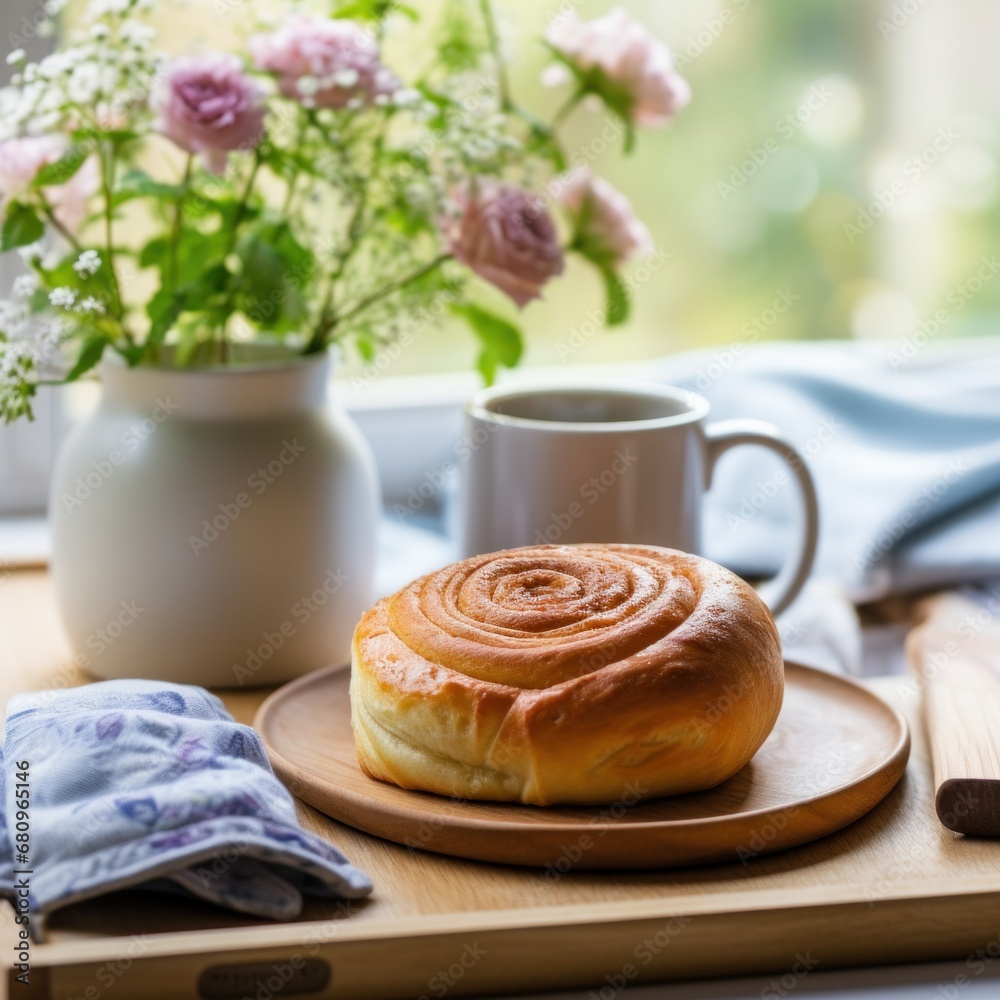  cozy setting of a coffee mug with a cinnamon bun and a flower vase, placed on a wooden tray