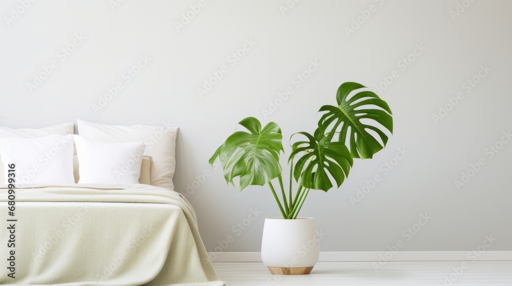 A minimalist bedroom with a striking monstera deliciosa plant in a sleek white planter