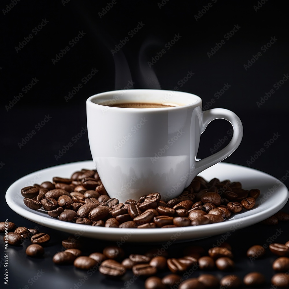 a white coffee mug on a white saucer and coffee beans on a black background