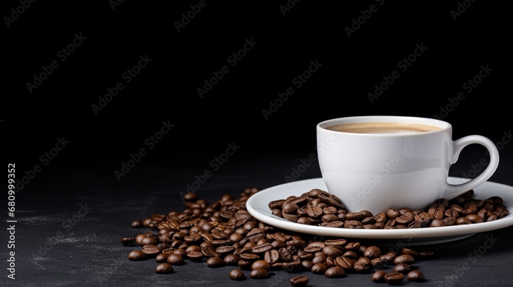 a white coffee mug on a white saucer and coffee beans on a black background