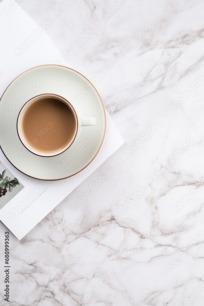 A modern flat lay of a coffee cup and saucer with a newspaper and laptop on a white marble background