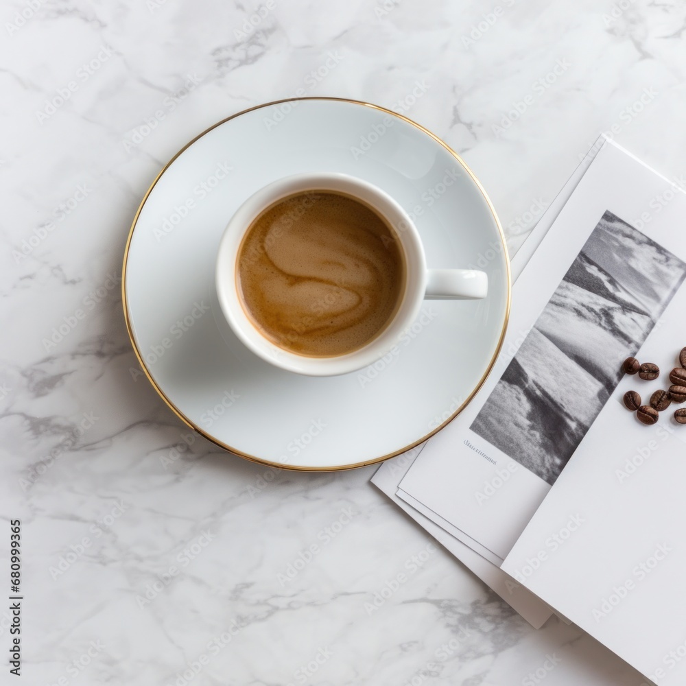 A modern flat lay of a coffee cup and saucer with a newspaper and laptop on a white marble background