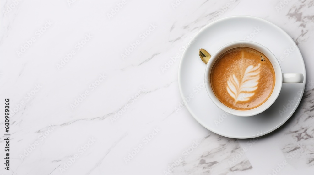 A modern flat lay of a coffee cup and saucer with a newspaper and laptop on a white marble background