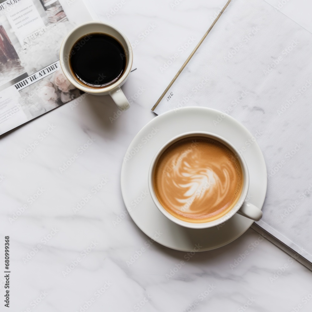 A modern flat lay of a coffee cup and saucer with a newspaper and laptop on a white marble background