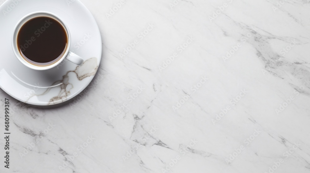 A modern flat lay of a coffee cup and saucer with a newspaper and laptop on a white marble background