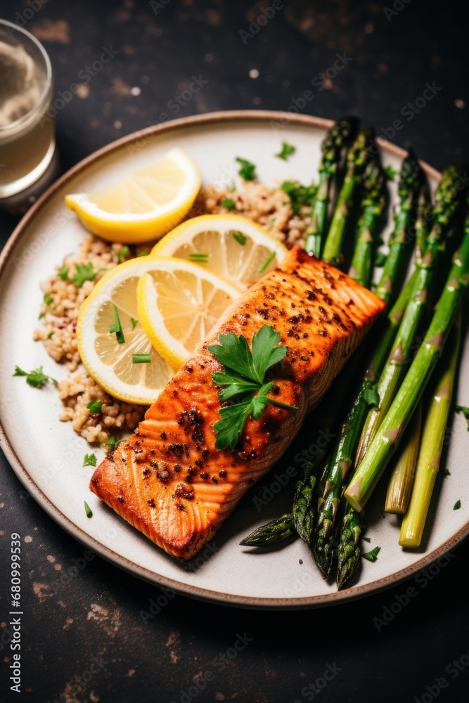 A plate of grilled salmon with a lemon wedge