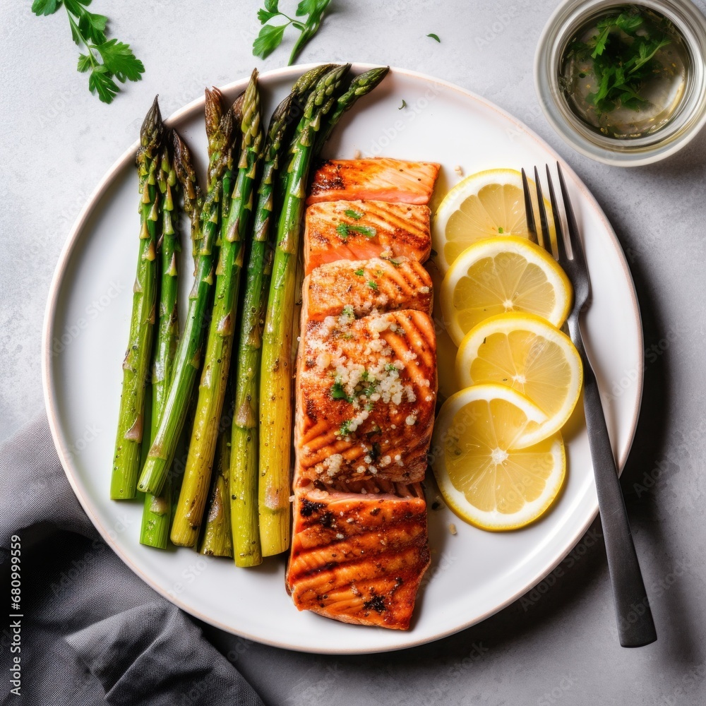 A plate of grilled salmon with a lemon wedge