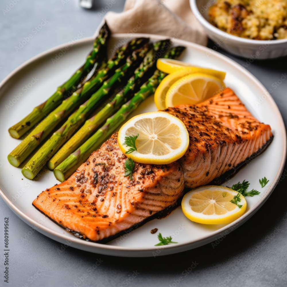 A plate of grilled salmon with a lemon wedge