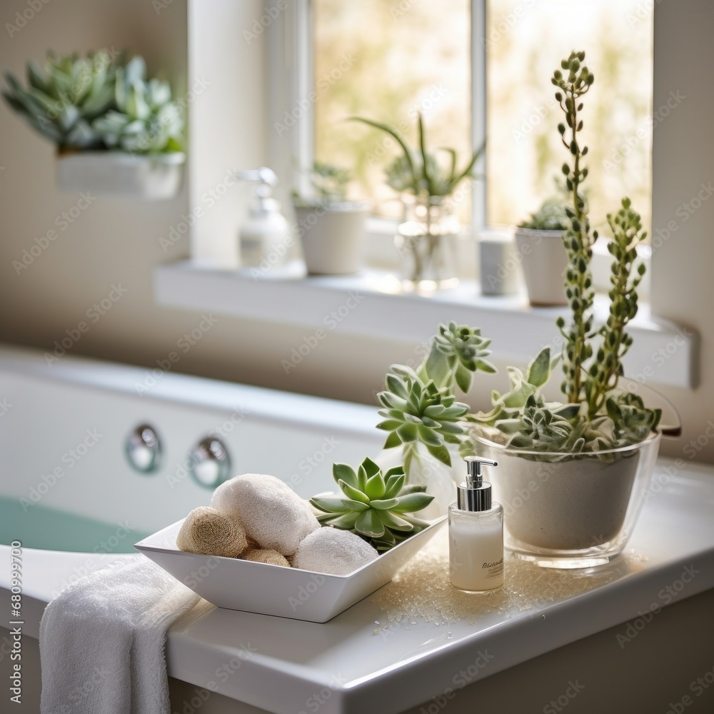 A serene bathroom with a trio of small succulents on the windowsill