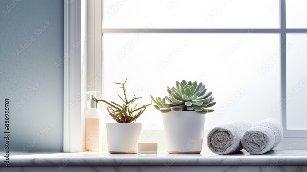 A serene bathroom with a trio of small succulents on the windowsill