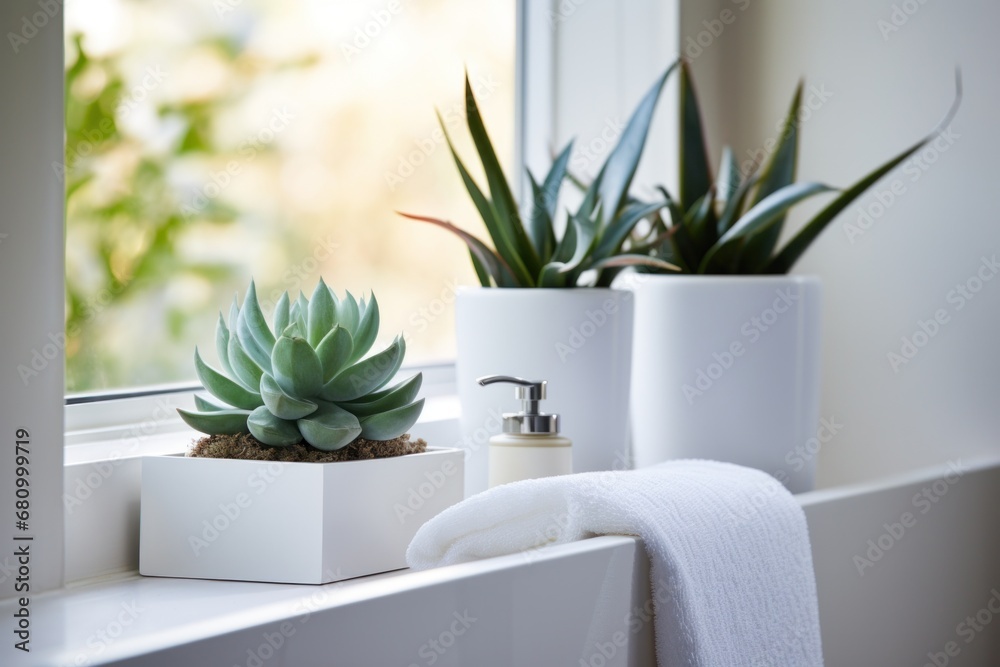 A serene bathroom with a trio of small succulents on the windowsill