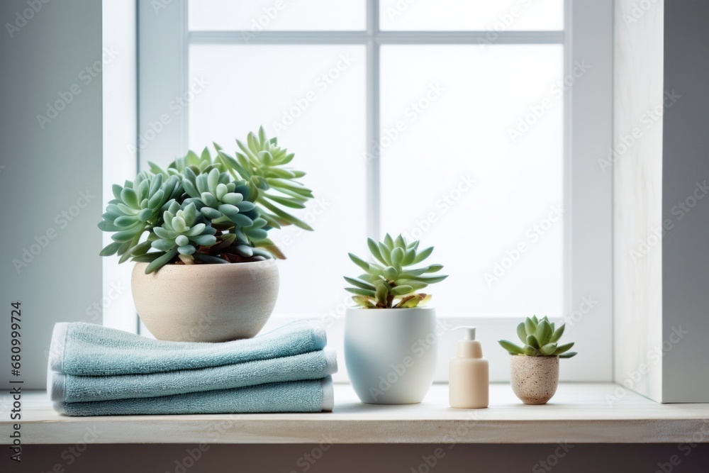 A serene bathroom with a trio of small succulents on the windowsill