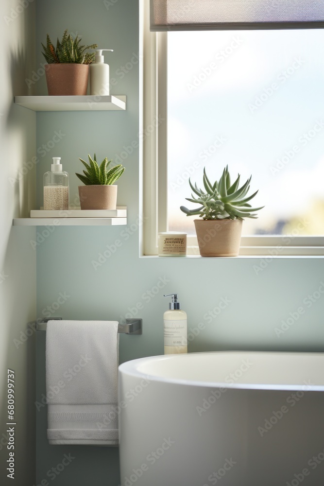 A serene bathroom with a trio of small succulents on the windowsill