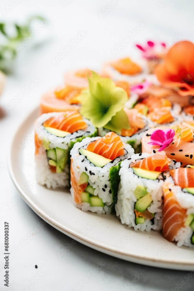 A tray of colorful sushi rolls, featuring ingredients like avocado