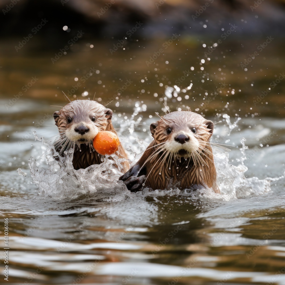 Two otters playing in the water, with one holding a small rock and the other splashing around