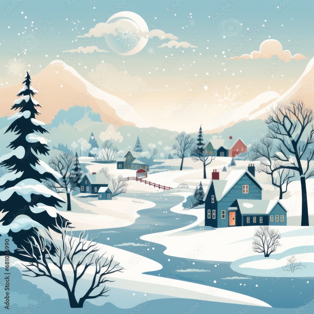 A charming winter village scene with snow-covered houses and a frozen pond, perfect for holiday greeting cards