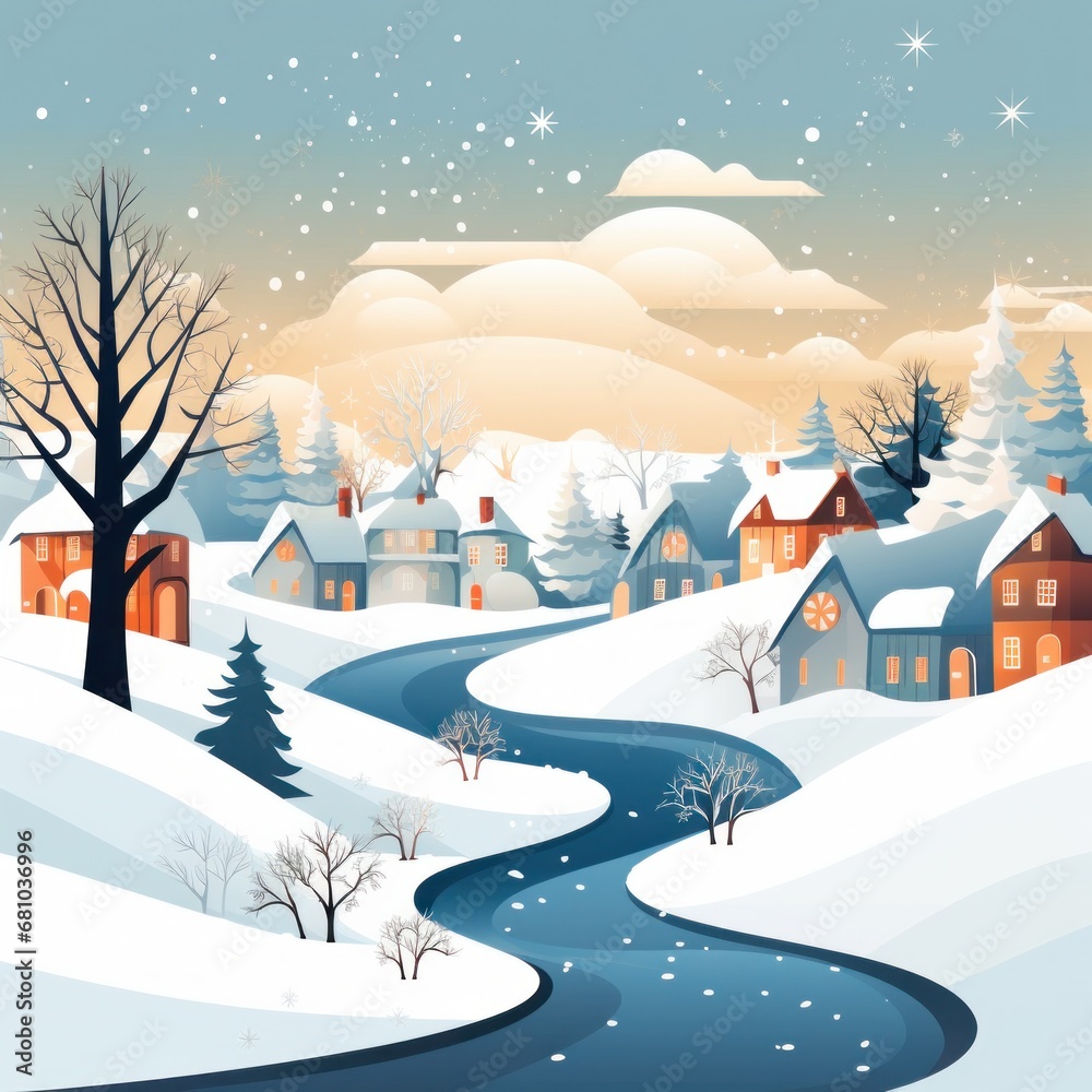 A charming winter village scene with snow-covered houses and a frozen pond, perfect for holiday greeting cards