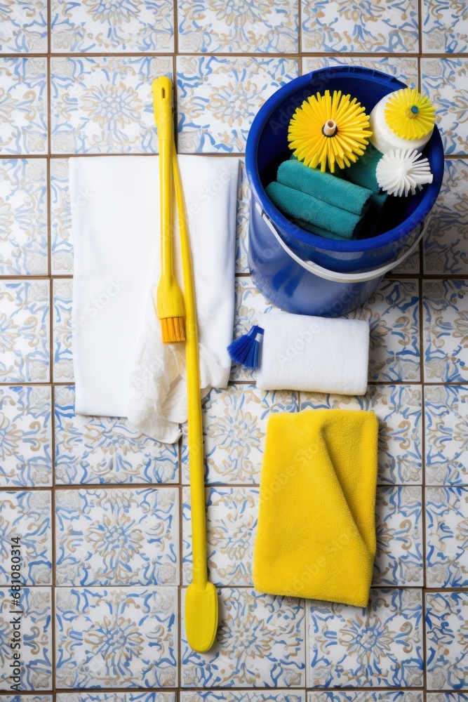 a mop and bucket on a tiled floor with cleaning supplies and a pair of blue rubber gloves