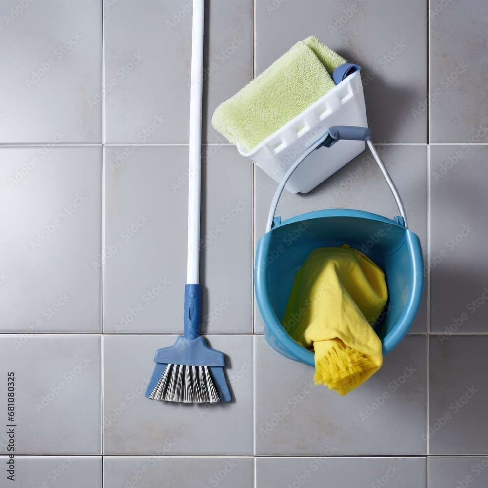 a mop and bucket on a tiled floor with cleaning supplies and a pair of blue rubber gloves