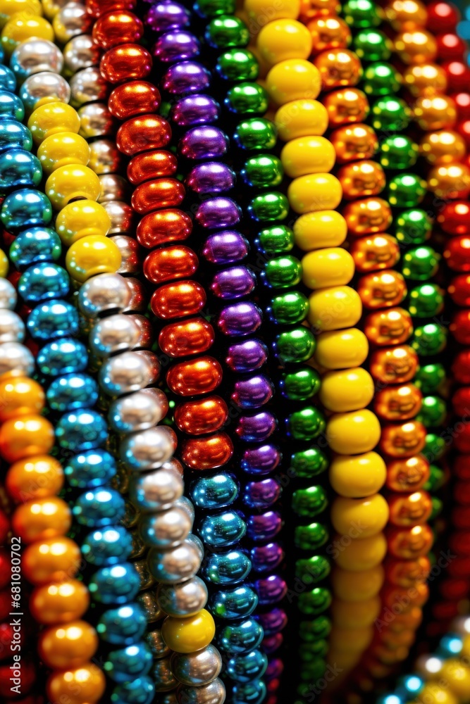 A close-up shot of the iconic Mardi Gras beads in a rainbow of colors and sizes