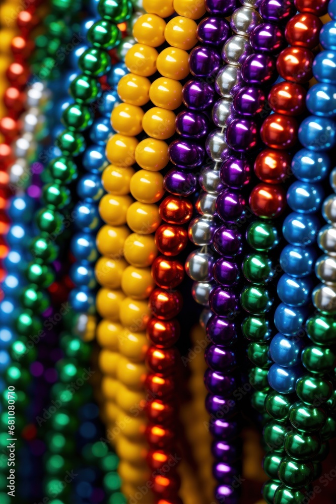 A close-up shot of the iconic Mardi Gras beads in a rainbow of colors and sizes