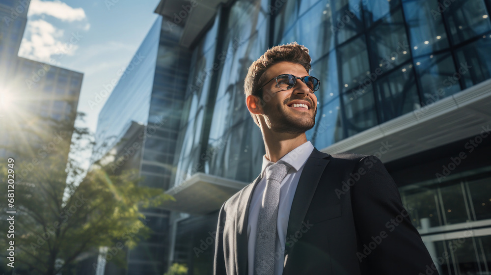 A happy professional business man looking city building.