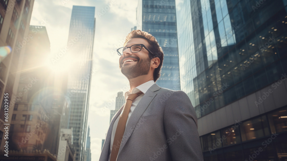 A happy professional business man looking city building.