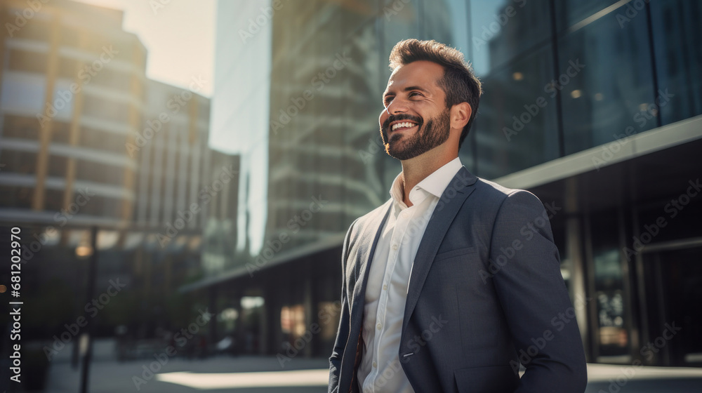 A happy professional business man looking city building.