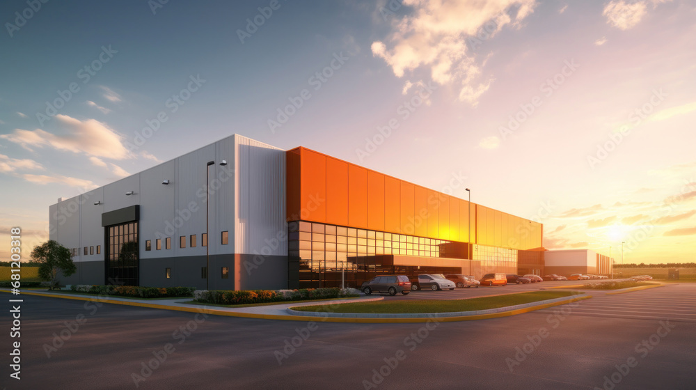 A modern logistics warehouse building structure.