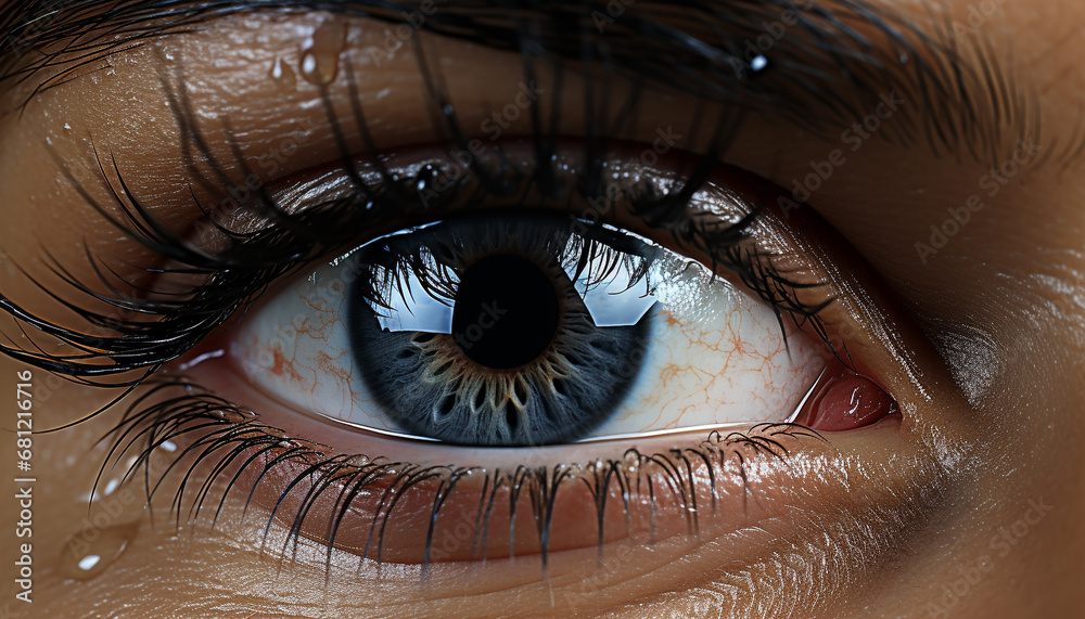 Blue eyed woman staring, close up, reflecting beauty and health generated by AI