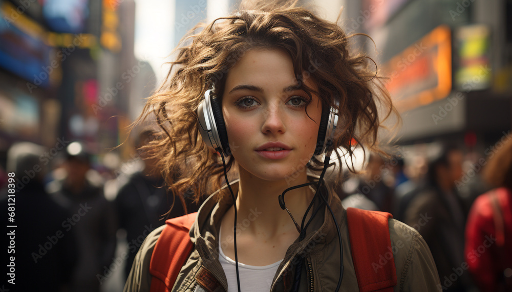 Young woman in casual clothing, smiling, listening to headphones outdoors generated by AI